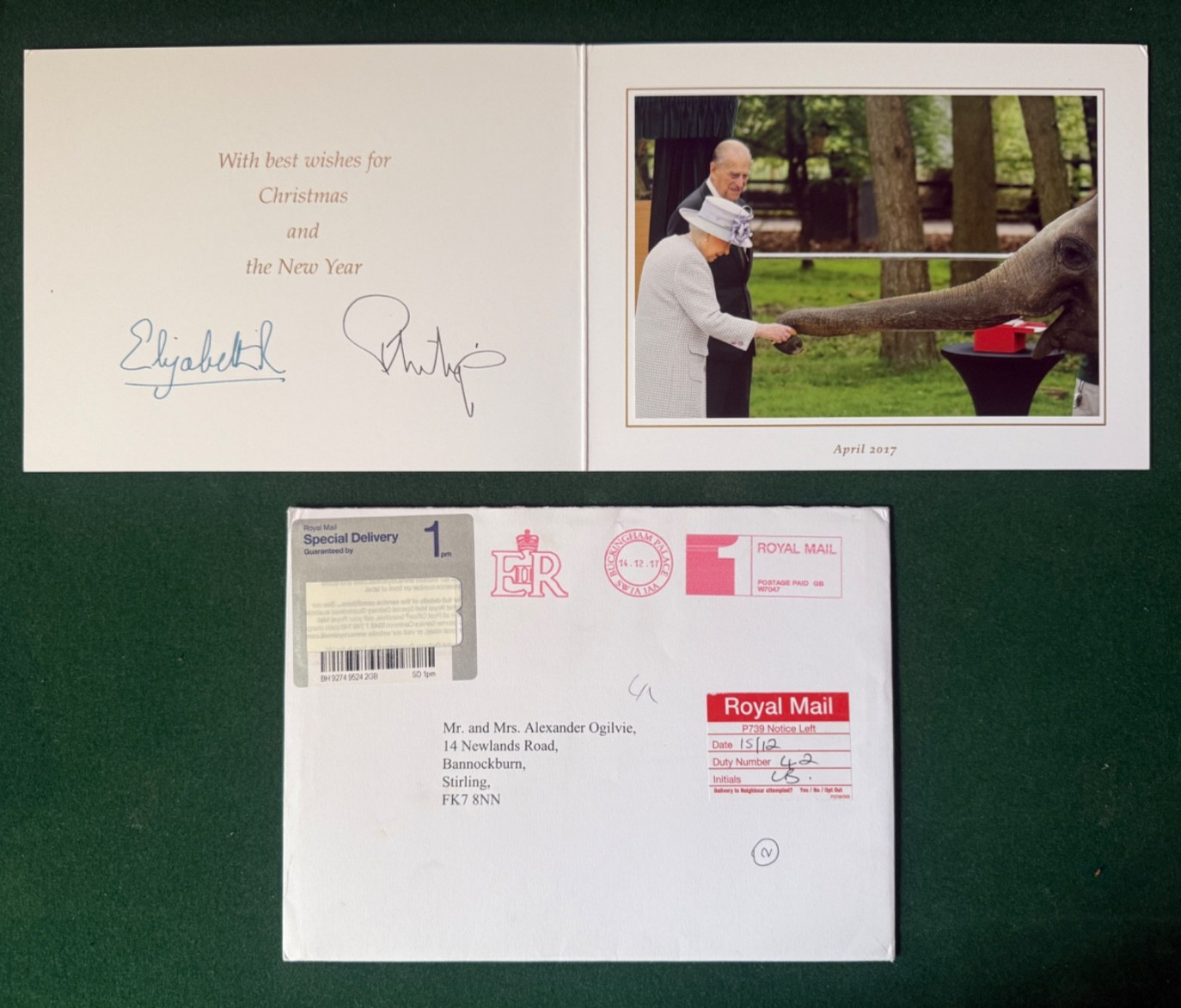 Queen Elizabeth II Prince Philip Duke Edinburgh Elephant Signed Christmas Card