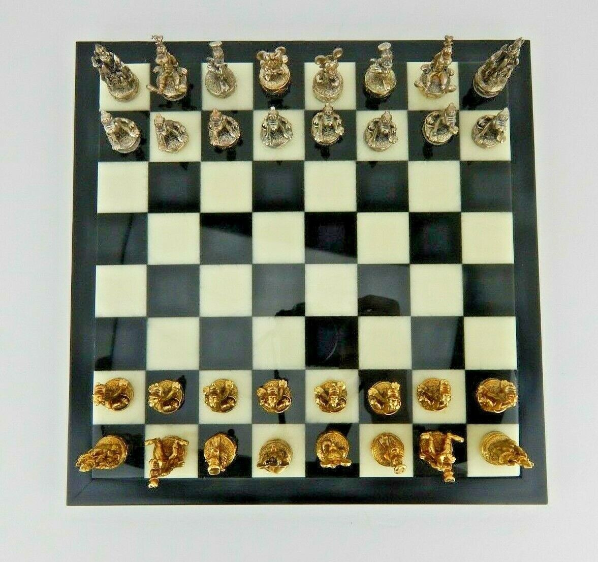 Disney Alabaster Chess Board w/32 Pewter Figures Cast in 24K Gold & Silver Plate
