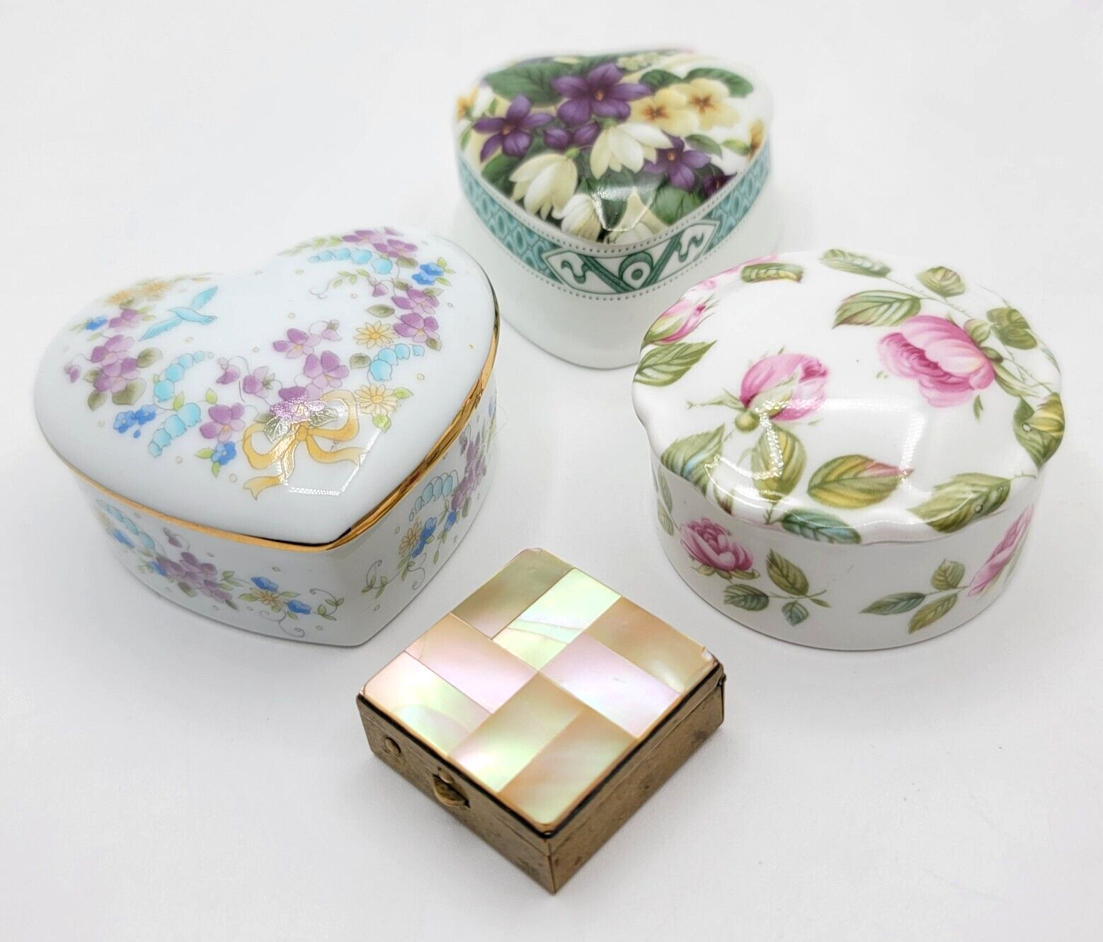 4-Vtg Trinket Box-Boxes Lot/Violets/Florals/England/Japan/Heart-Shaped Musical