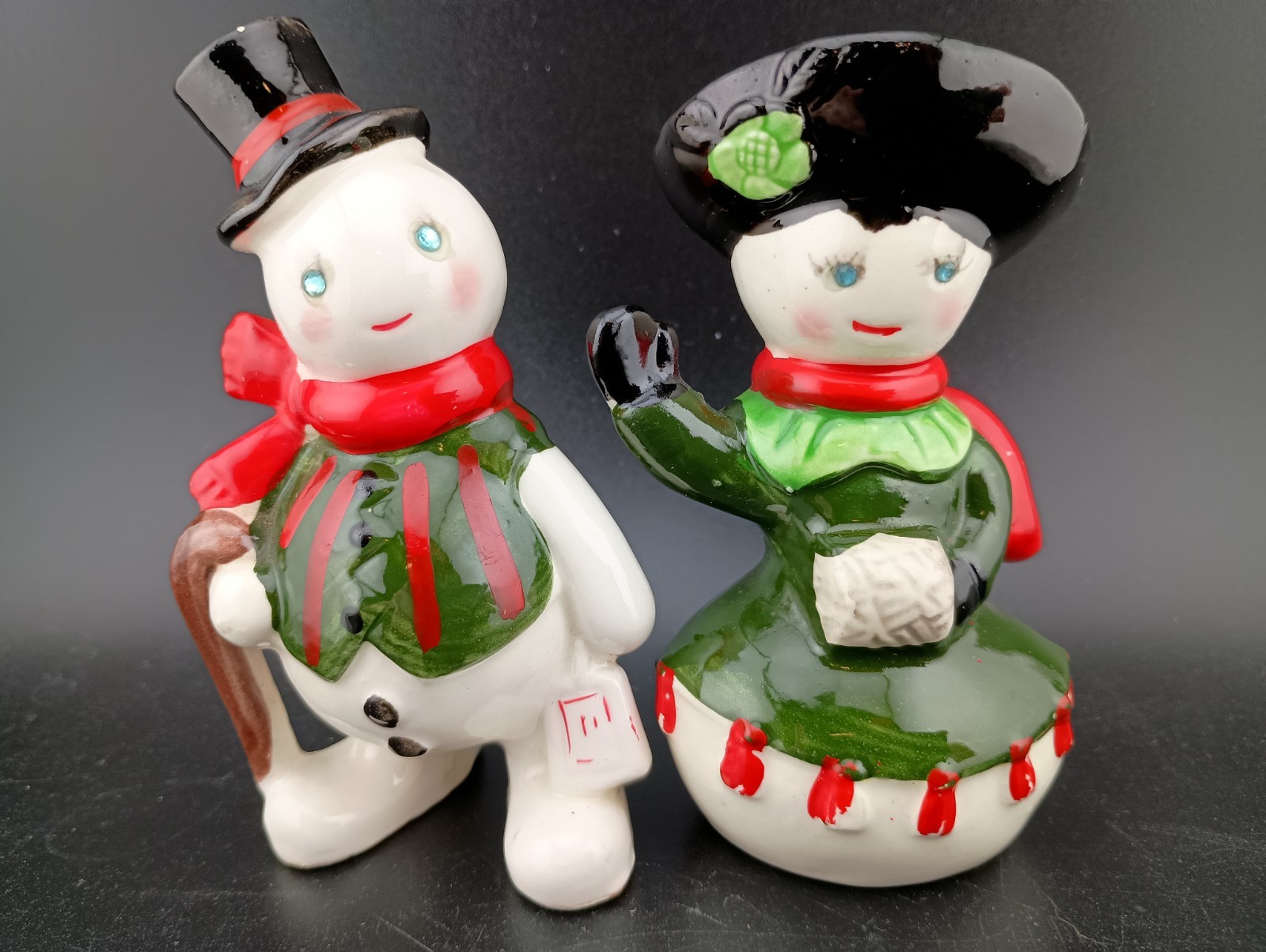 Vintage Kreiss Mr & Mrs Snowman Salt Pepper Shakers Japan Ceramic Christmas MCM