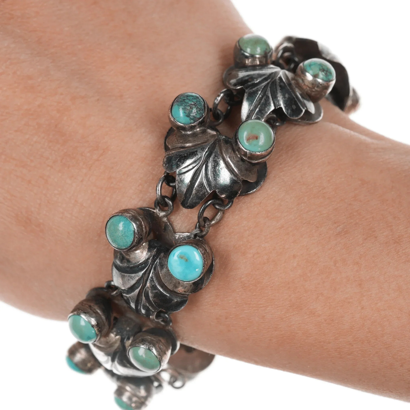 c1940\'s Mexican Art Deco Sterling and turquoise large bracelet