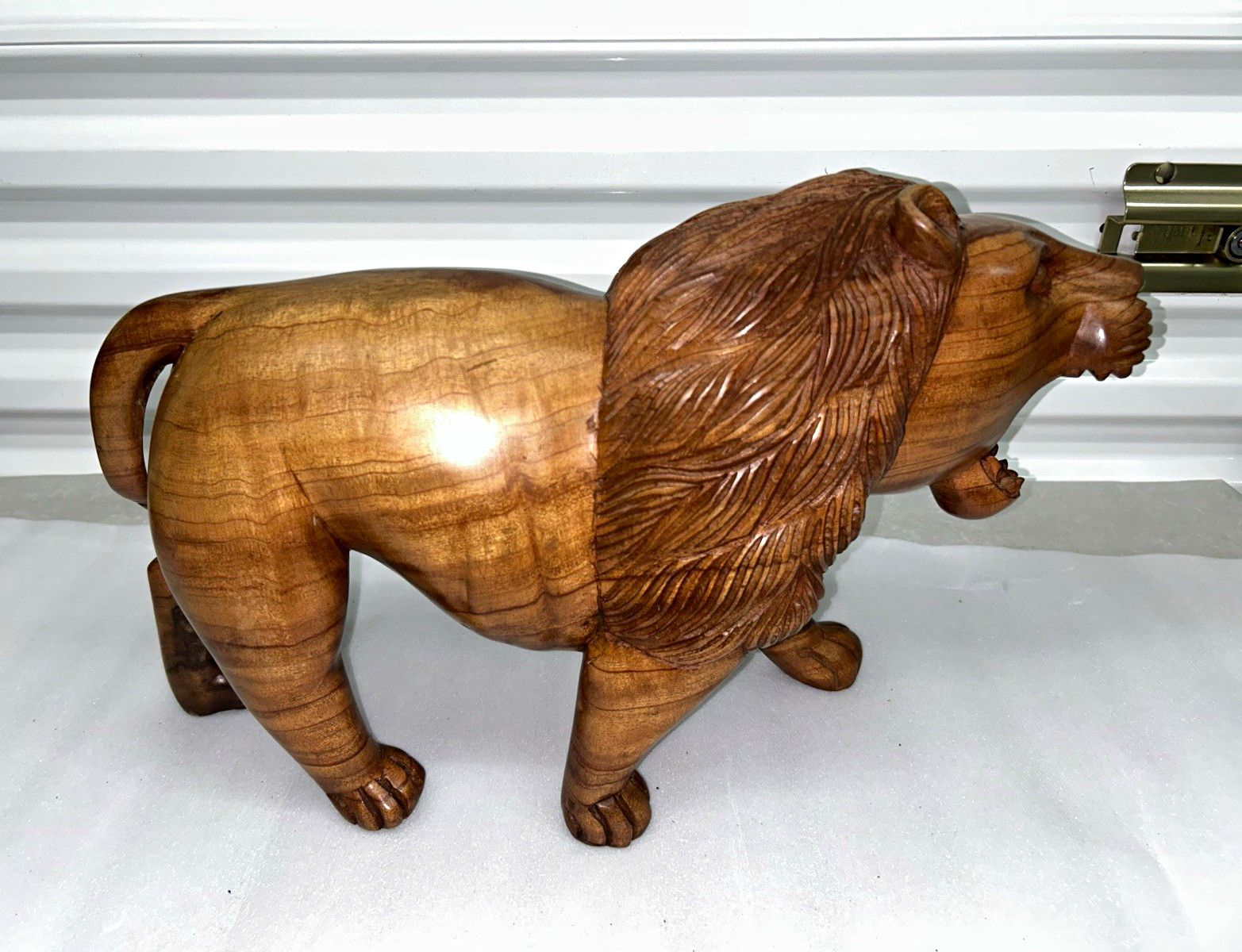 12” Vintage Hand Carved Wooden Roaring Lion Statue African Wood Figurine