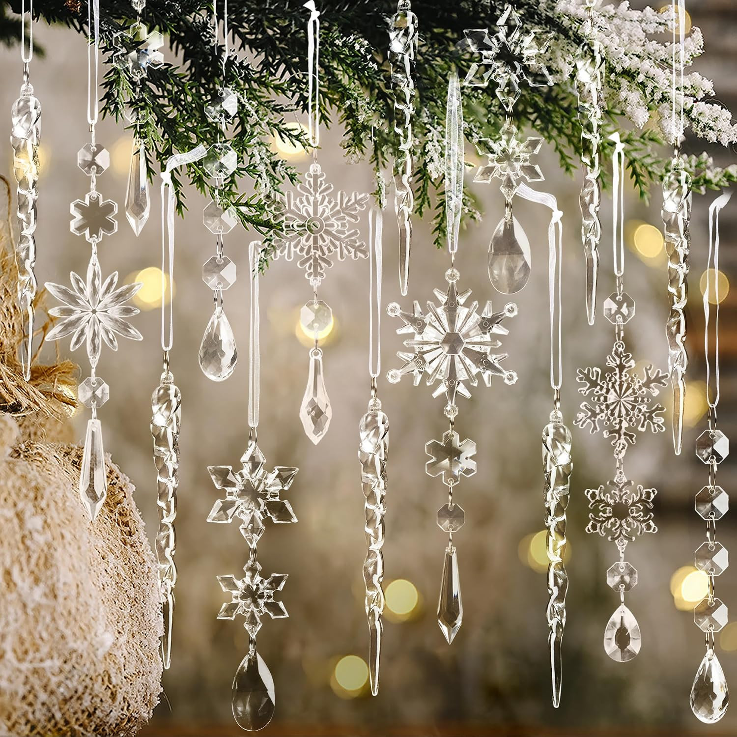 18-Piece Clear Acrylic Crystal Christmas Tree Ornaments, Snowflake & Icicle NEW 18-Piece Clear Acrylic Crystal Christmas Tree Ornaments, Snowflake & Icicle NEW
