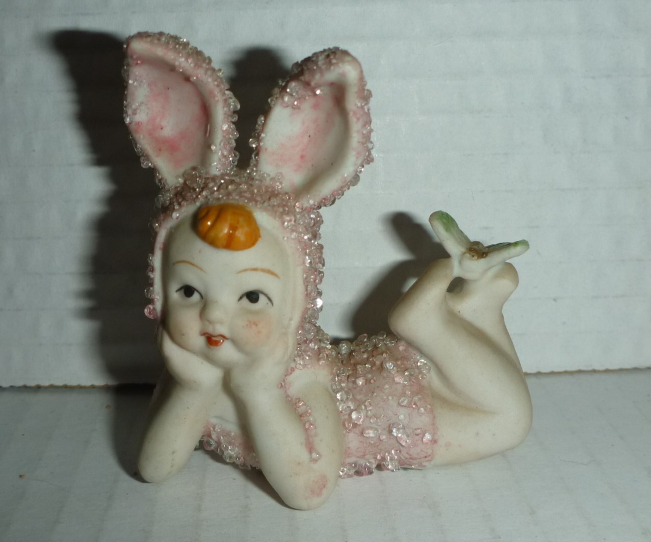 Vintage Pink Sugar Snow Baby Babies Bunny Rabbit Ears Bisque Figurine Easter.