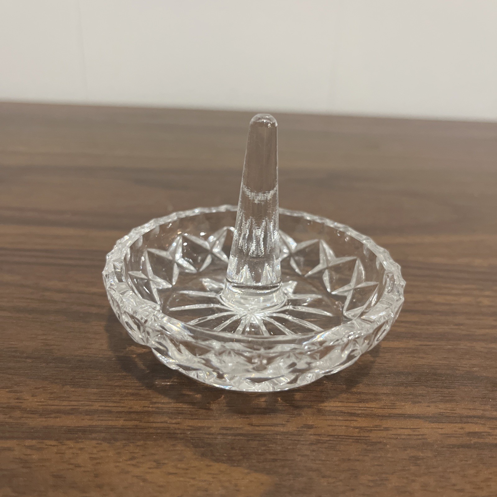 Vintage Clear Cut Crystal Glass Ring Holder Jewelry Dish Ring Tree 2.5”
