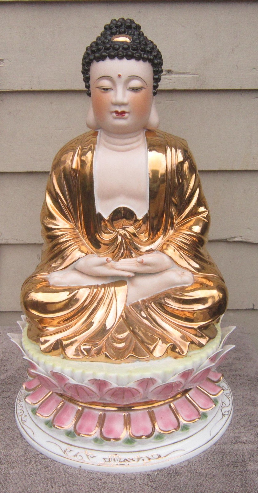 Vintage Large GILDED PORCELAIN LORD BUDDHA seated on LOTUS BLOSSOM 20.5\