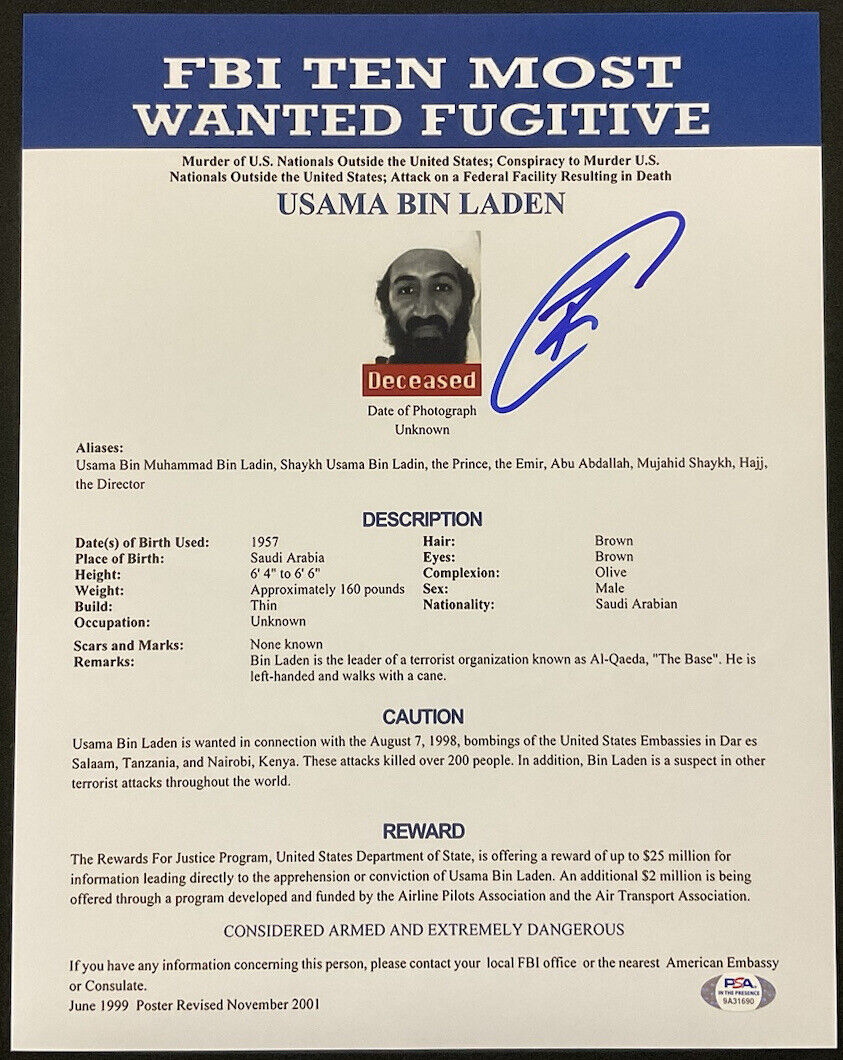 Rob O’Neill Signed FBI Wanted Photo 11x14 Navy Seal Shot Bin Laden PSA 9A31690