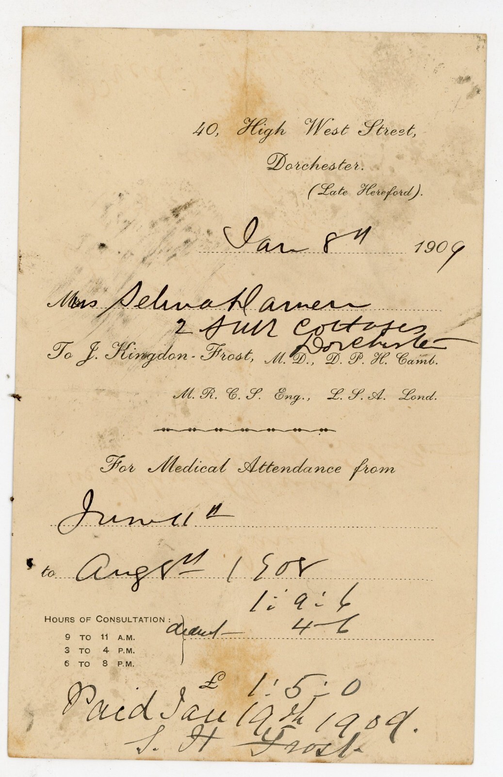1909 Doctor\'s Medical Attendance Bill - Mrs. Selina Harmen, Dorchester, UK