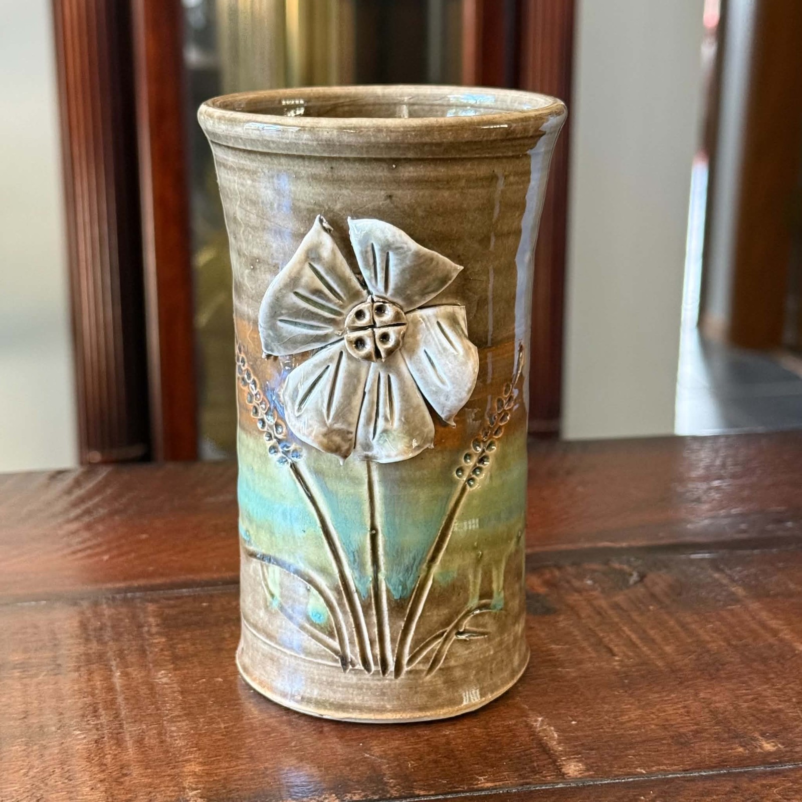 Studio Art Pottery Vase Signed JM Applied Flower 3D Turquoise Brown Stoneware 6\