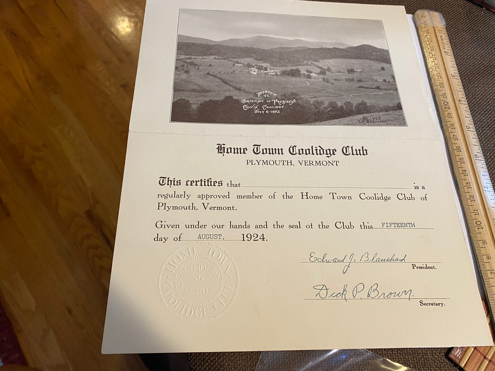1924 DOCUMENT CALVIN COOLIDGE Home Town Club of Plymouth, Vermont w SEAL LOOK