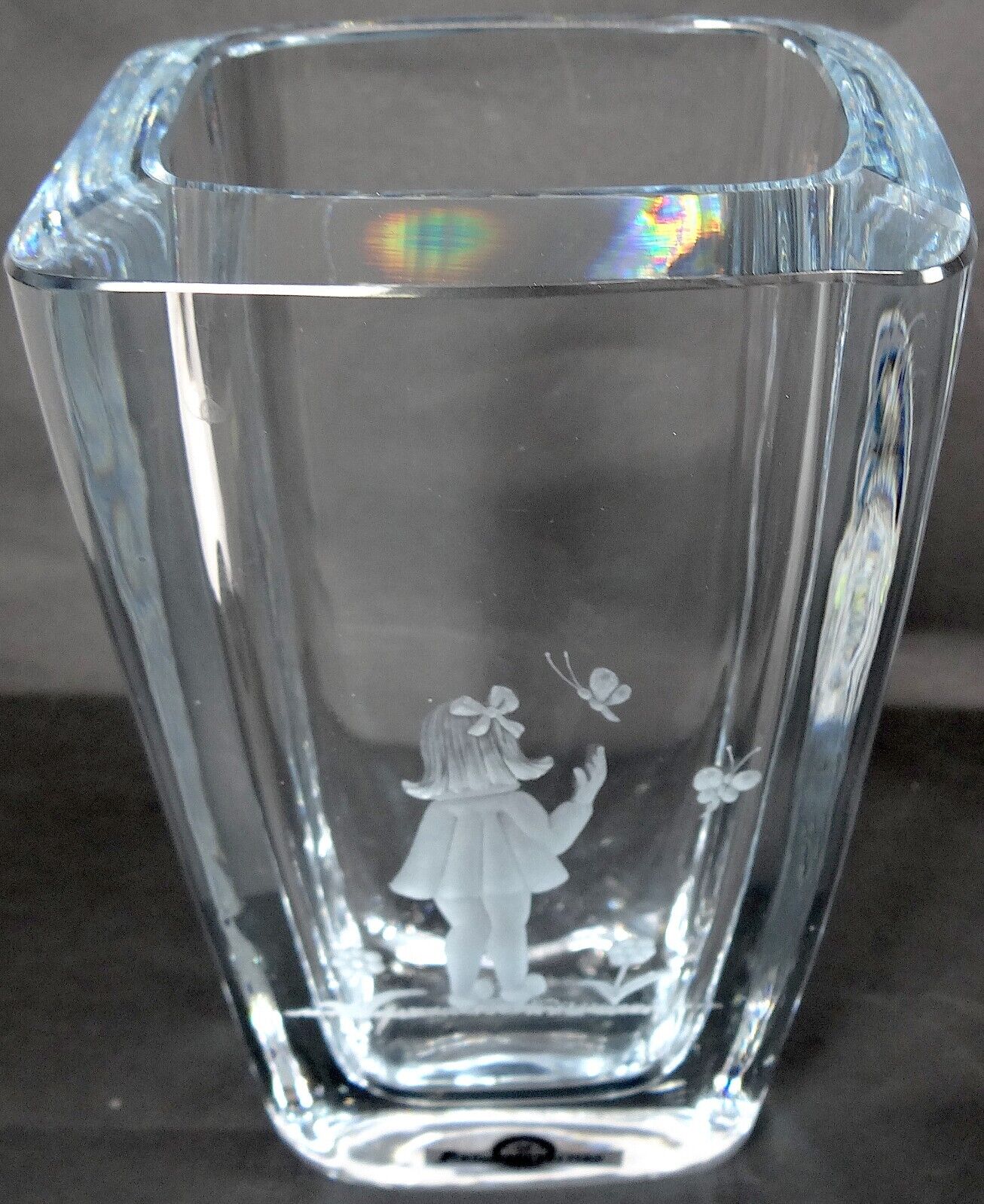 Strombergshyttan Crystal Vase Hand Blown Glass Girl Butterfly Engrave MCM Sweden