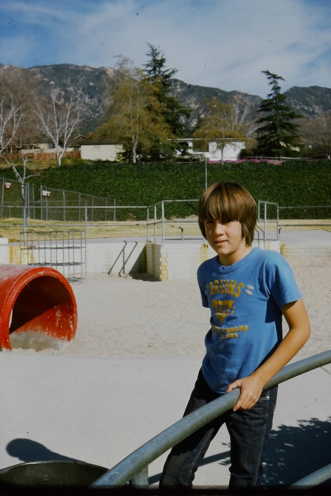 c1970's Kodachrome 35mm Slide, Boy Playground Mountains California American red