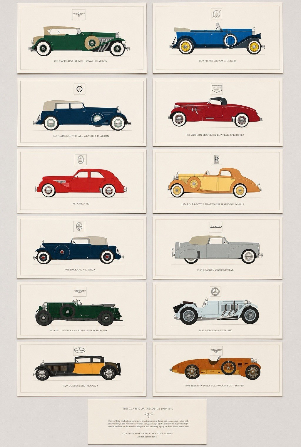 The Classic Automobile 1913-1941 Classic Car Illustration Print Set of 12