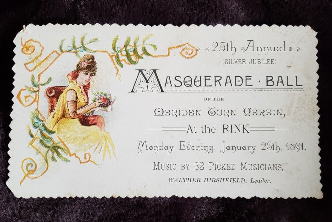 Beautiful Lady In Yellow Victorian Masquerade Ball Invitation, Jan 1891.