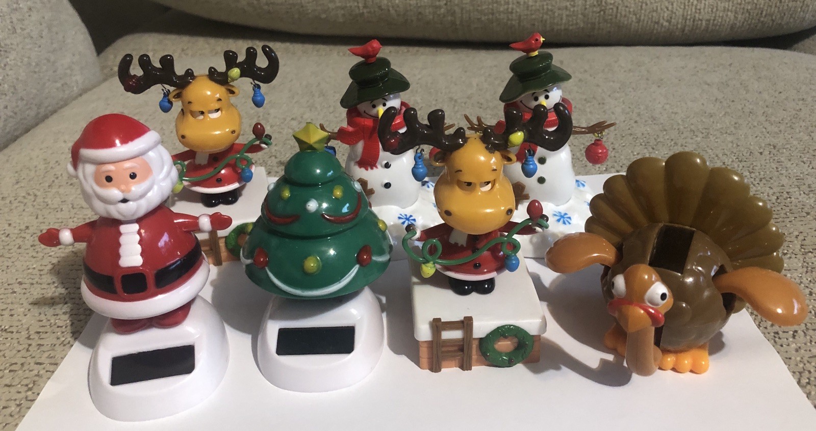 Lot of 7 Dancing Solar Powered Bobble Heads Christmas Santa Snowman Turkey Tree