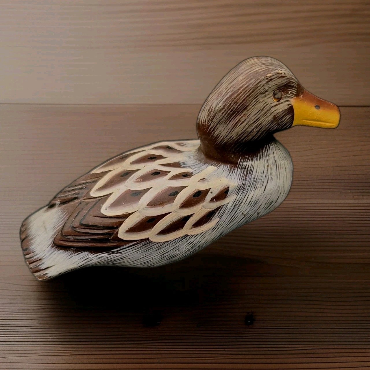 Vintage Hand Painted Wooden Duck 5.5” X 2.5” Brown  Glass Eyes 