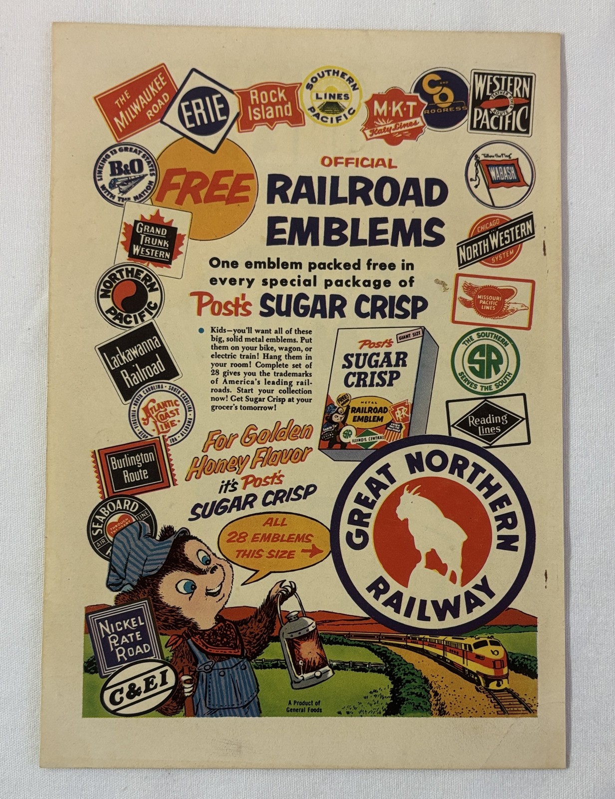1954 Post Sugar Crisp RAILROAD EMBLEMS premiums ad page