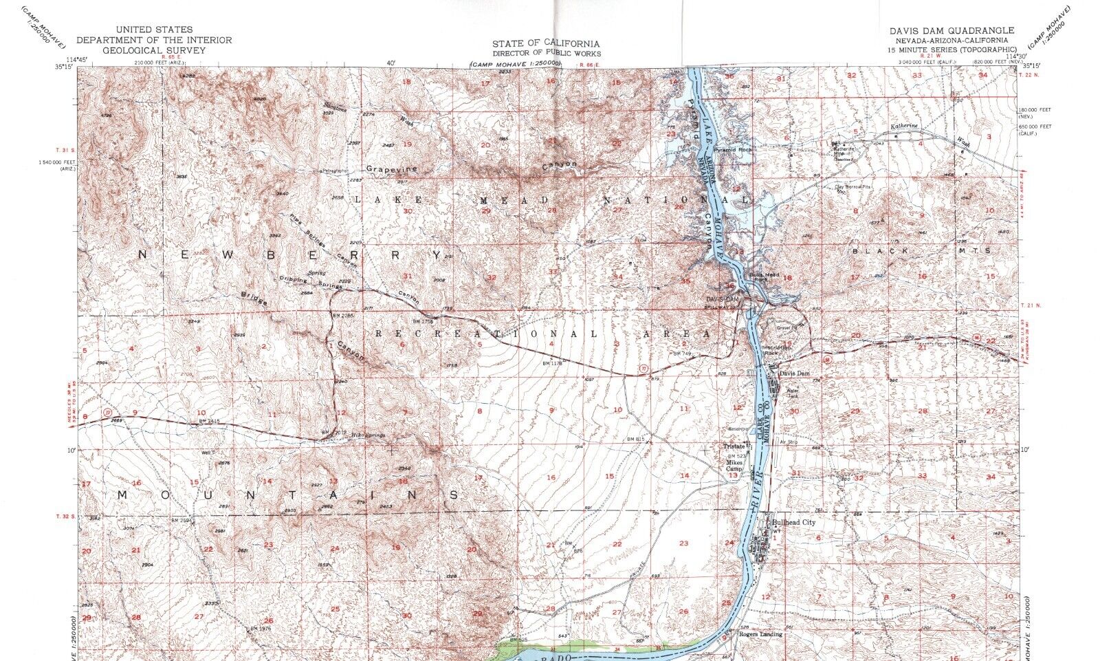 Davis Dam Quadrangle Nevada-Arizona 1950 Map Vintage USGS 15 Minute Topographic