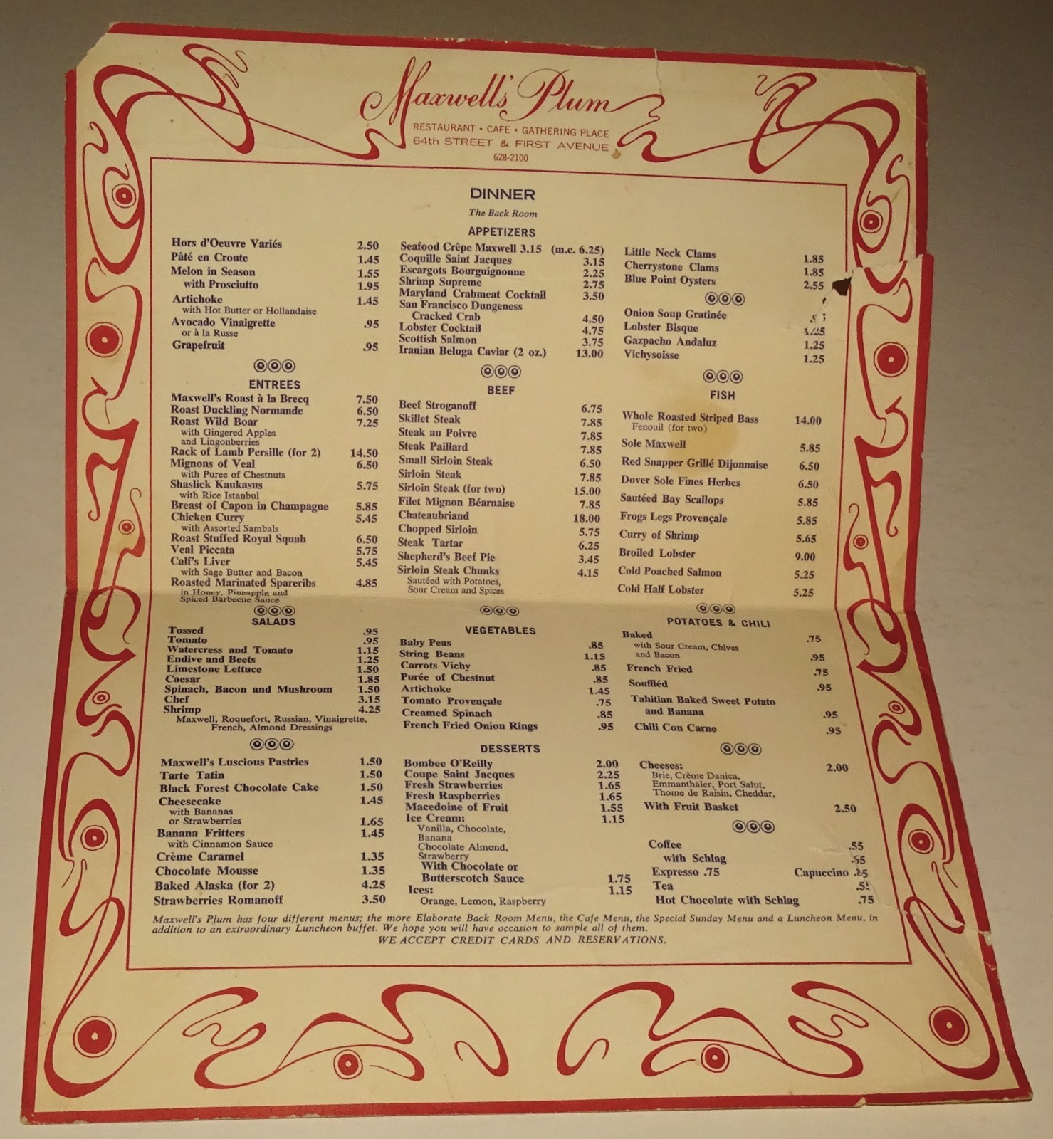 Maxwell\'s Plum Menu (New York City) Circa 1974 (poor condition)