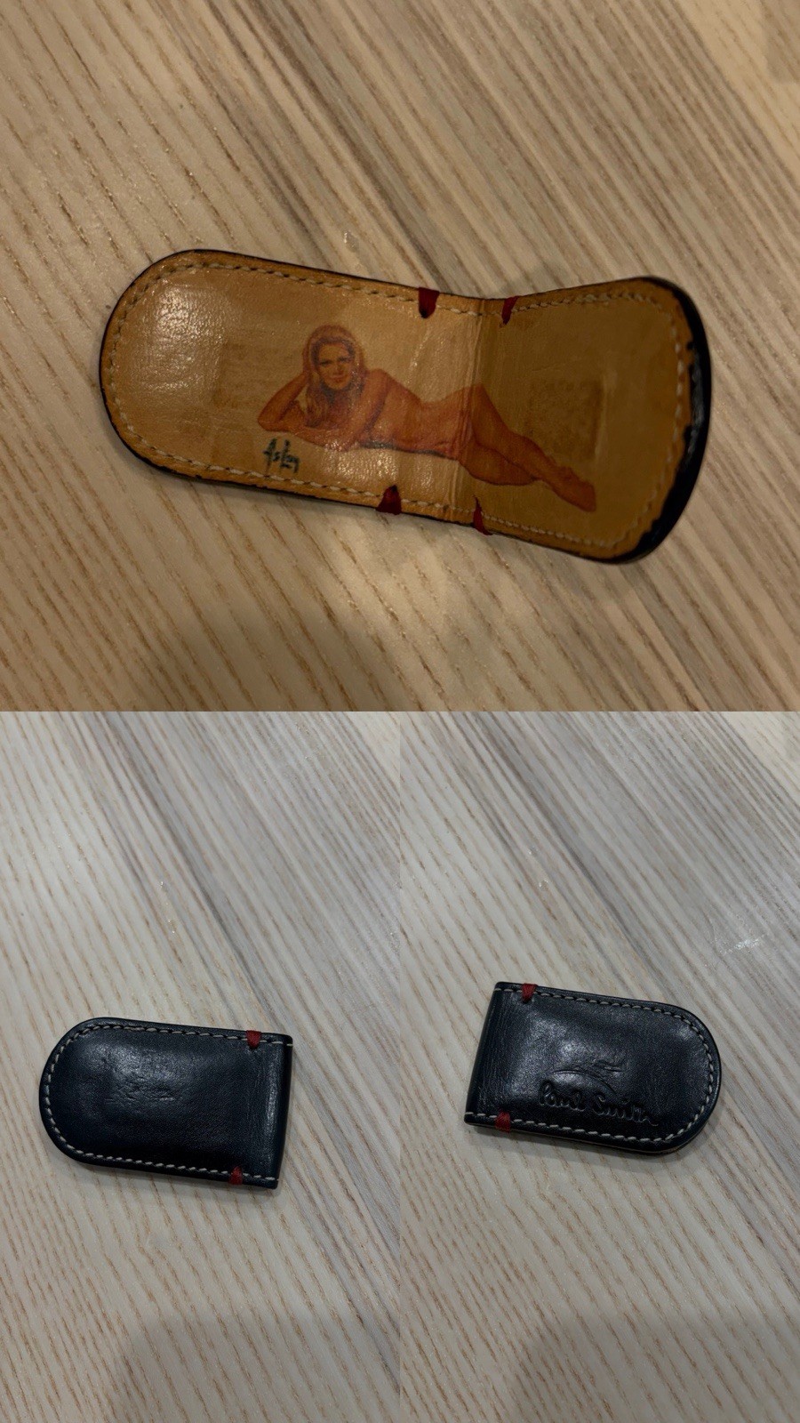 RARE Vintage Paul Smith Black Leather Magnetic Money Clip Naked Lady Print