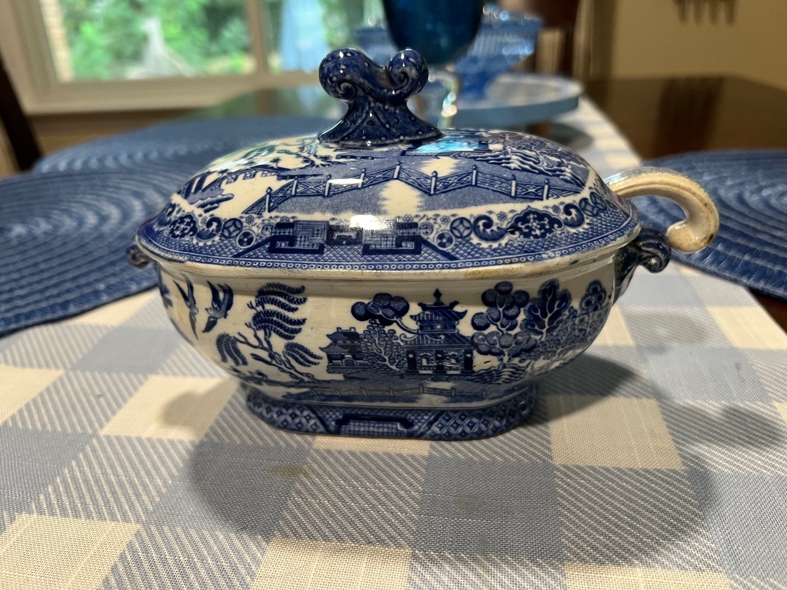Antique 1800’s 3 pc Staffordshire Blue Willow Mini Covered Tureen Ladel