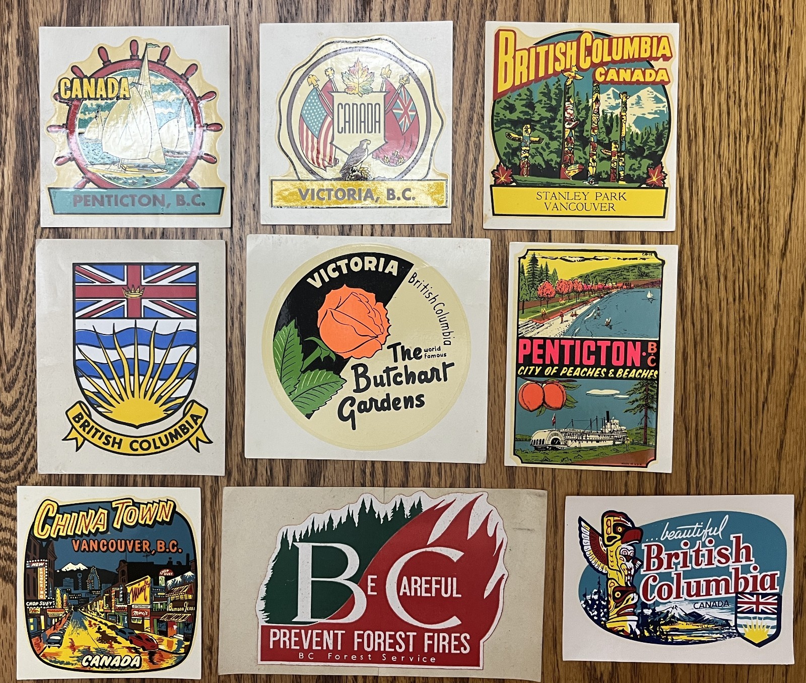 1964 British Columbia ,Canada Souvenir Car window Decals Bumper sticker Lot of 9