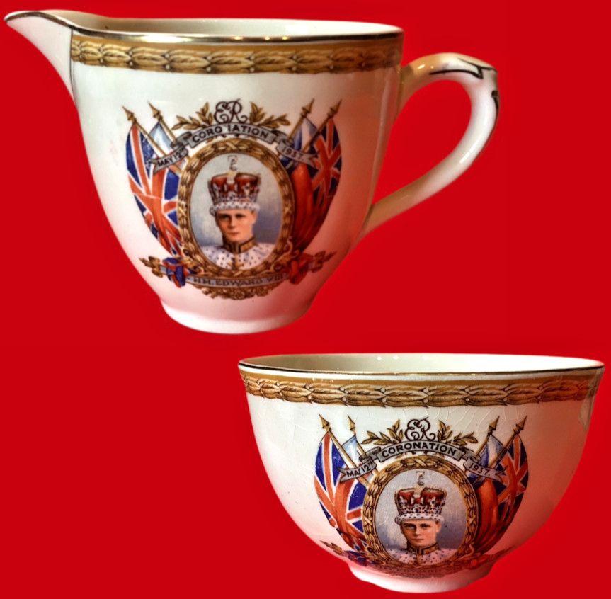 GRINDLEY ENGLAND KING EDWARD III CREAMER AND SUGAR BOWL SET RARE PORCELAIN
