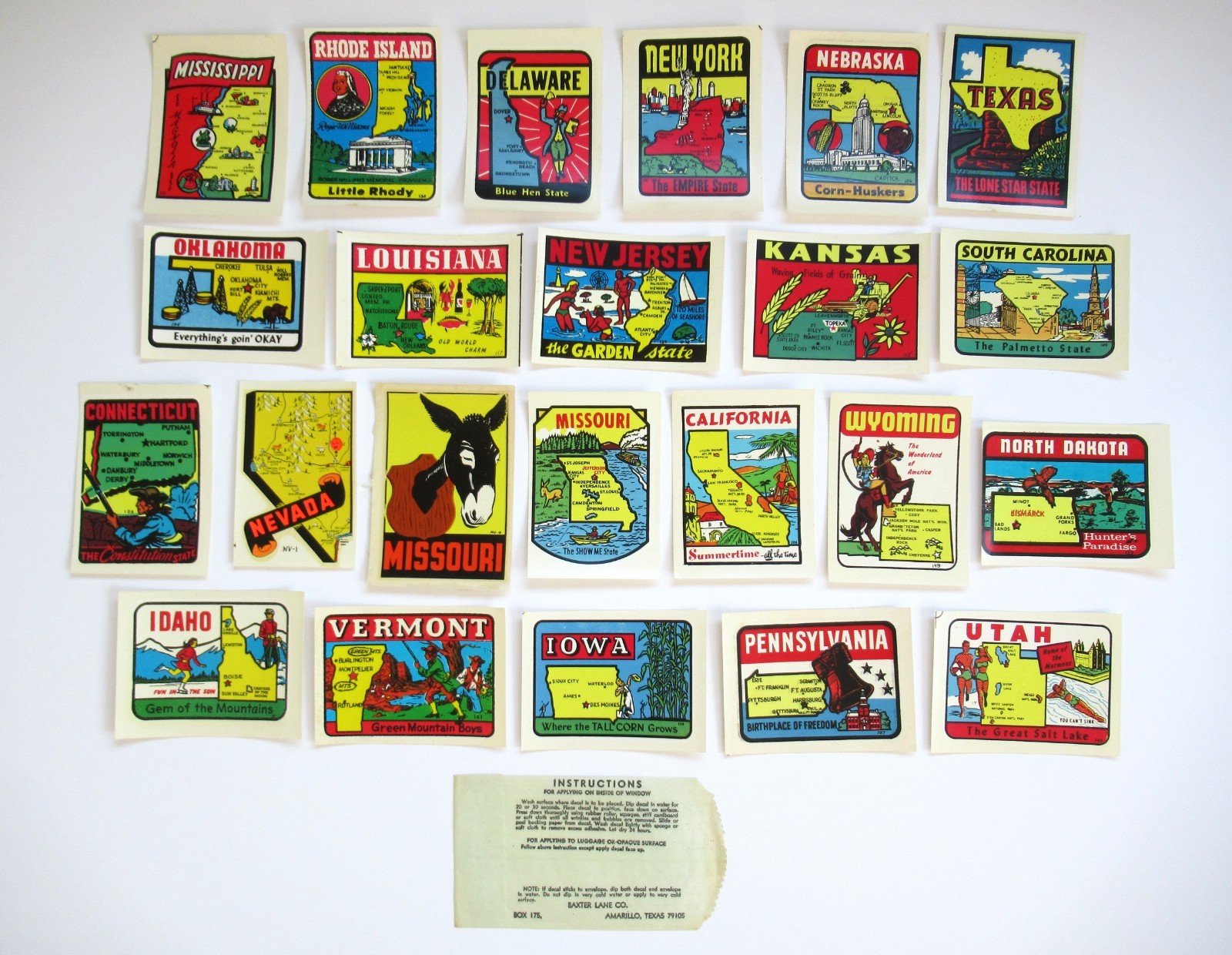 Set of 23 Vintage State Window Luggage Decals, Baxter Lane Co, Vintage Travel