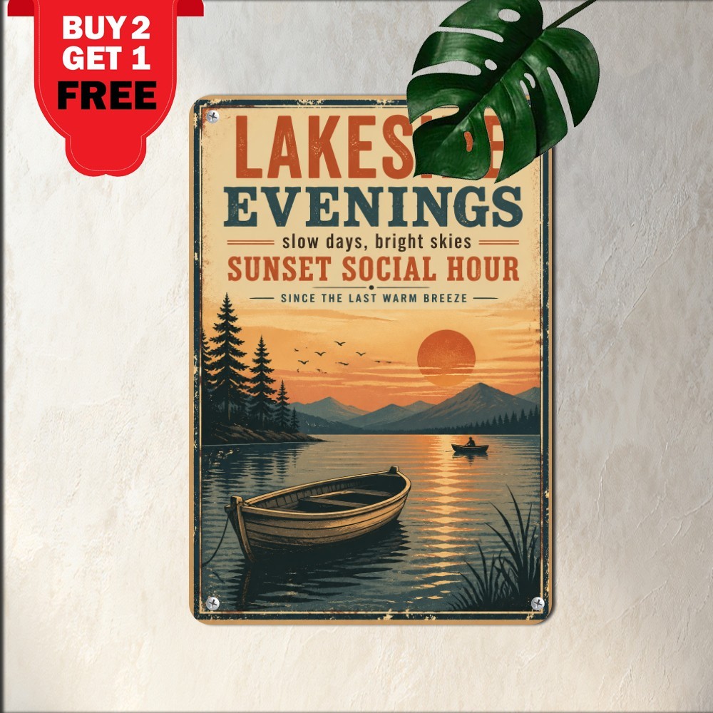 Rowboat Reflection Sunset Lake Sign Distressed Scenic Nature Metal Plaque