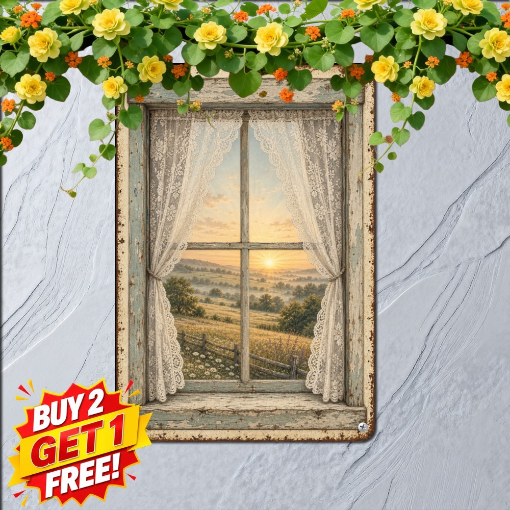 Lace Curtain Window Frame Tin Sign Rustic Farmhouse Wall Plaque 8x12 Inch
