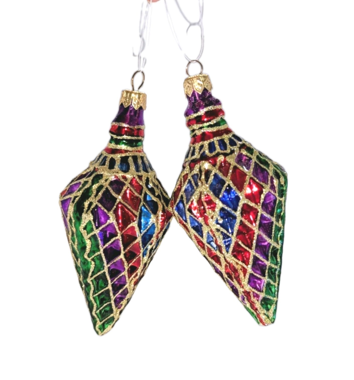 Vtg Dillards Trimmings Xmas Ornaments x2 Glass  Drop Mardi Gras Harlequin Boxed