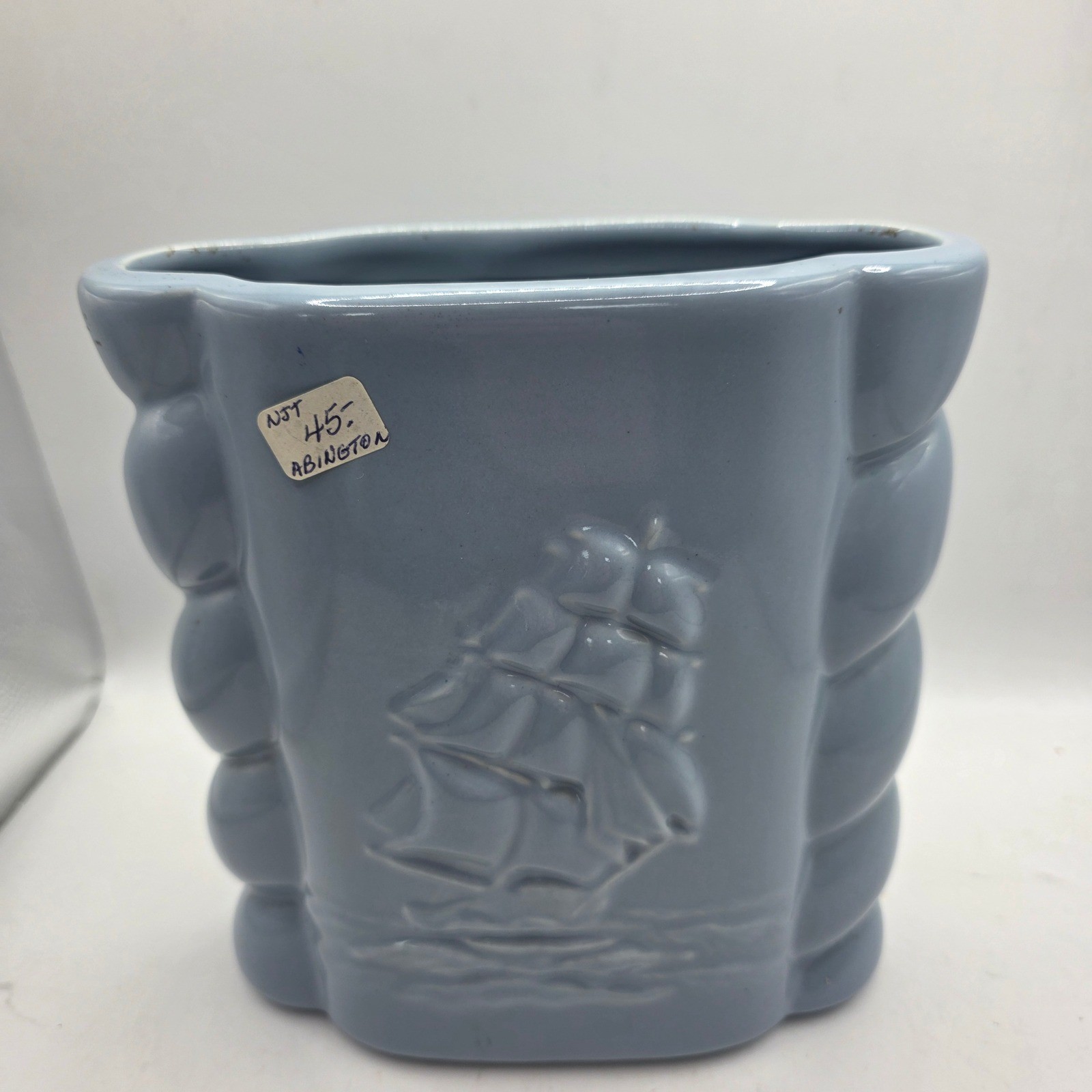 Vintage Abingdon USA Pottery Blue Clipper Ship Nautical Planter Vase MCM