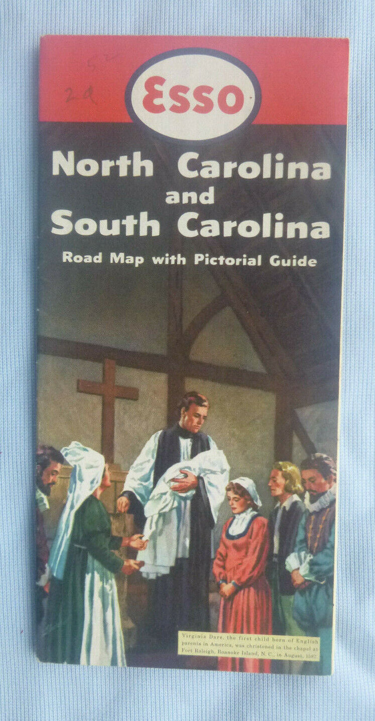 1952 North South Carolina road map Esso oil Virginia Dare christened