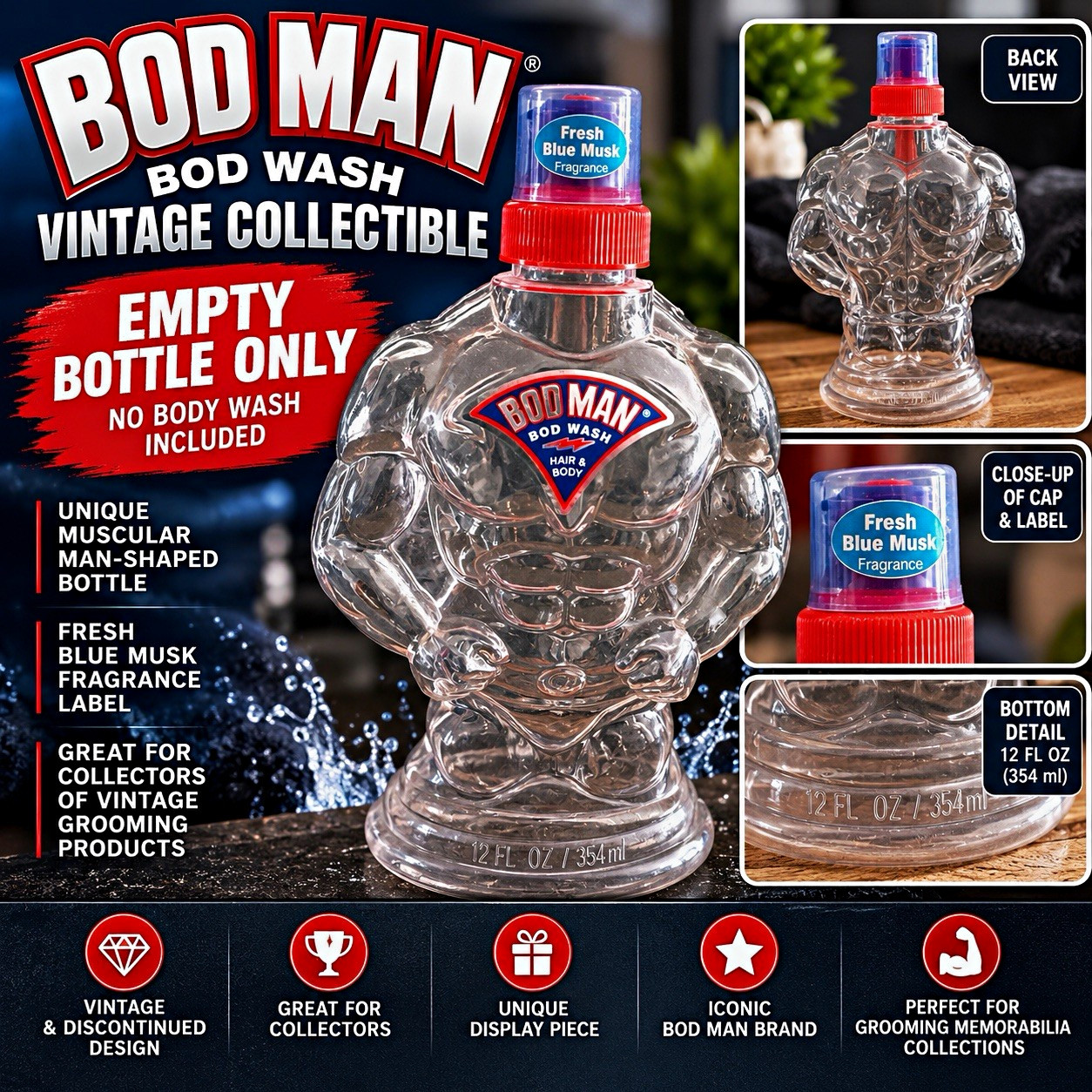 BOD Man BOD Wash Vintage Collectible Muscle Man Bottle – Empty Container 12 Oz