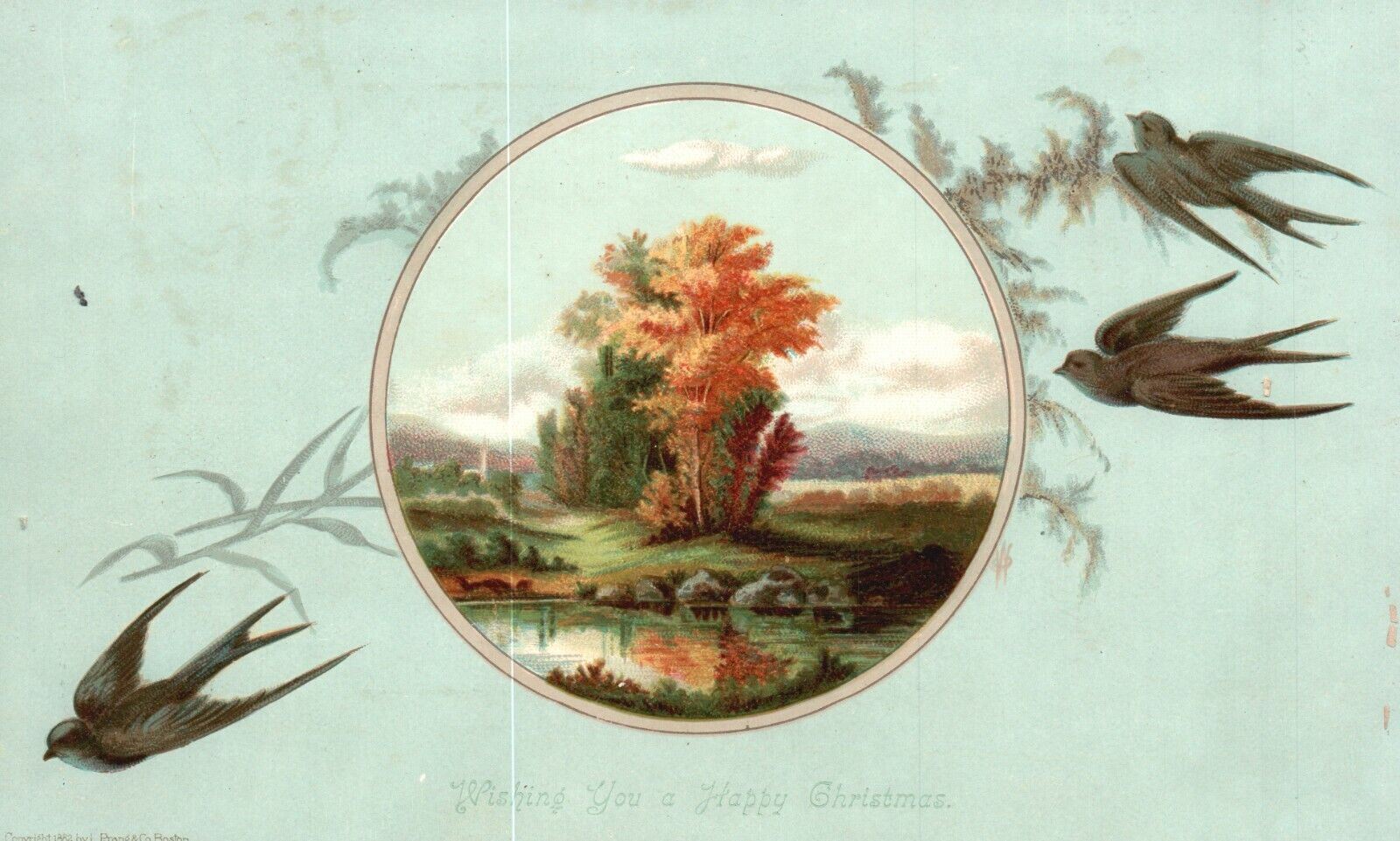 1880s-90s Wishing You a Happy Christmas Birds Flying Trade Card