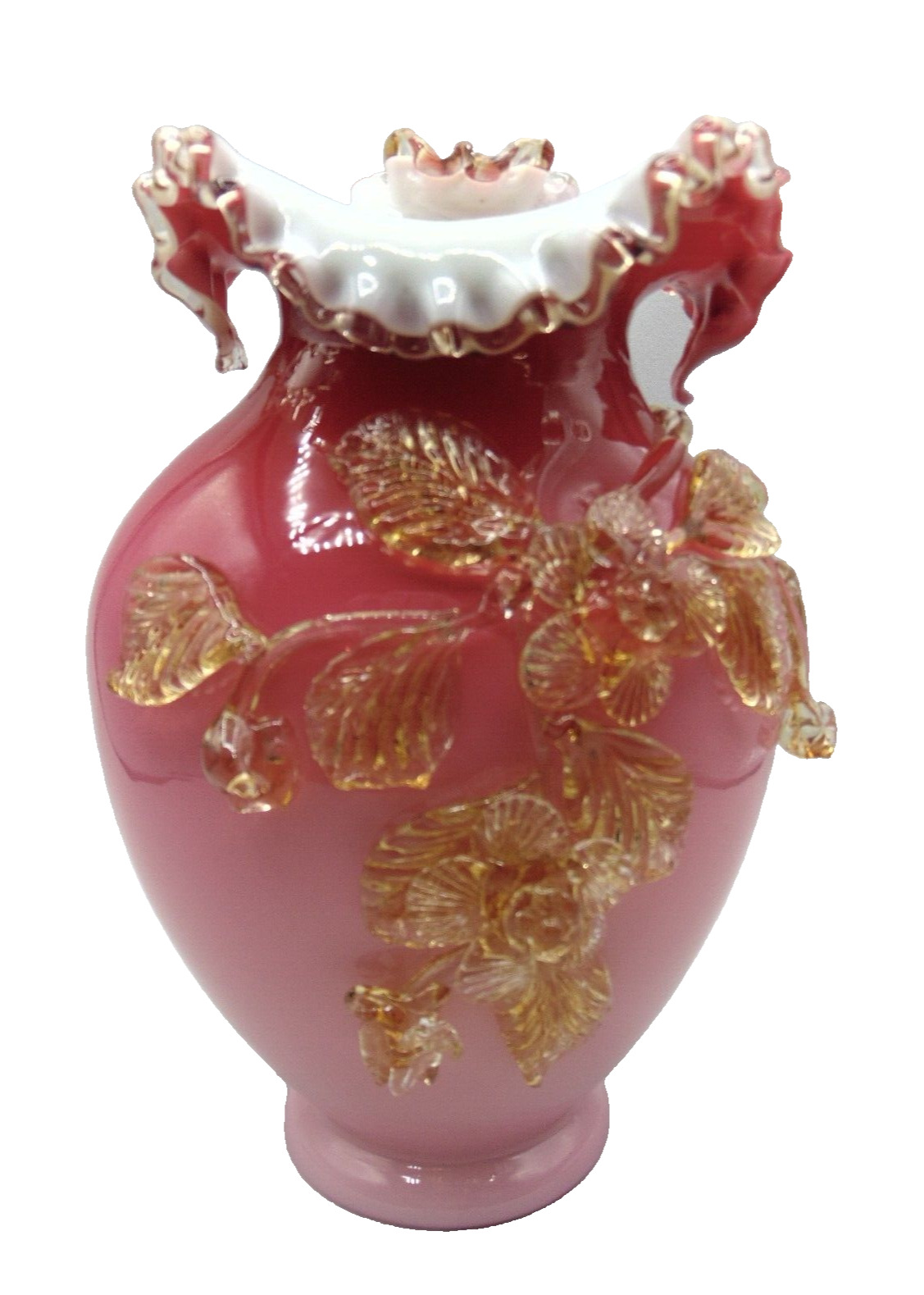 Harrach Bohemian Victorian Cranberry Pink & Amber Art Glass Vase w Applied Roses