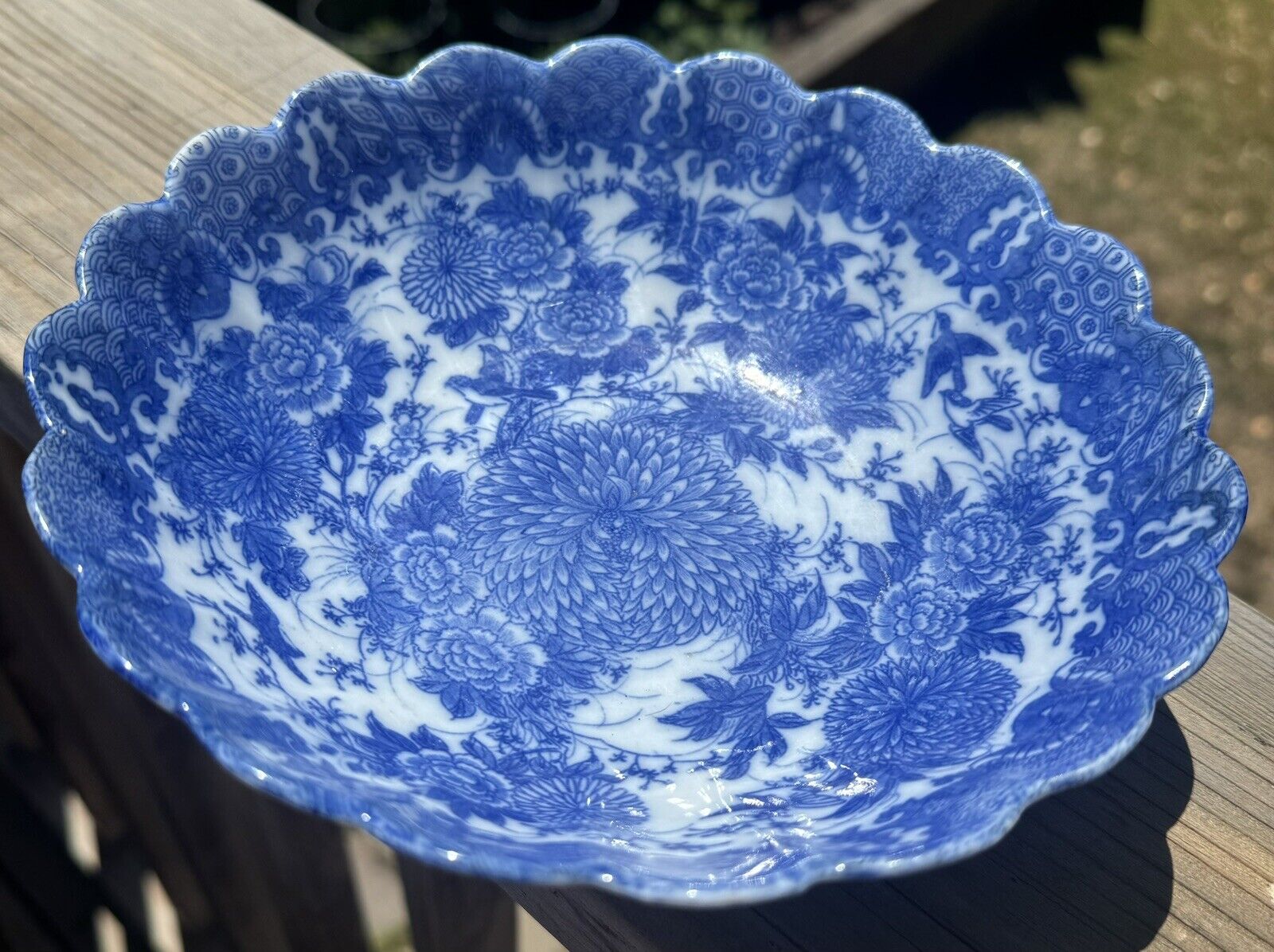Chinese Blue White Porcelain Scalloped Ceramic Bowl/ Chrysanthemum & Peonies