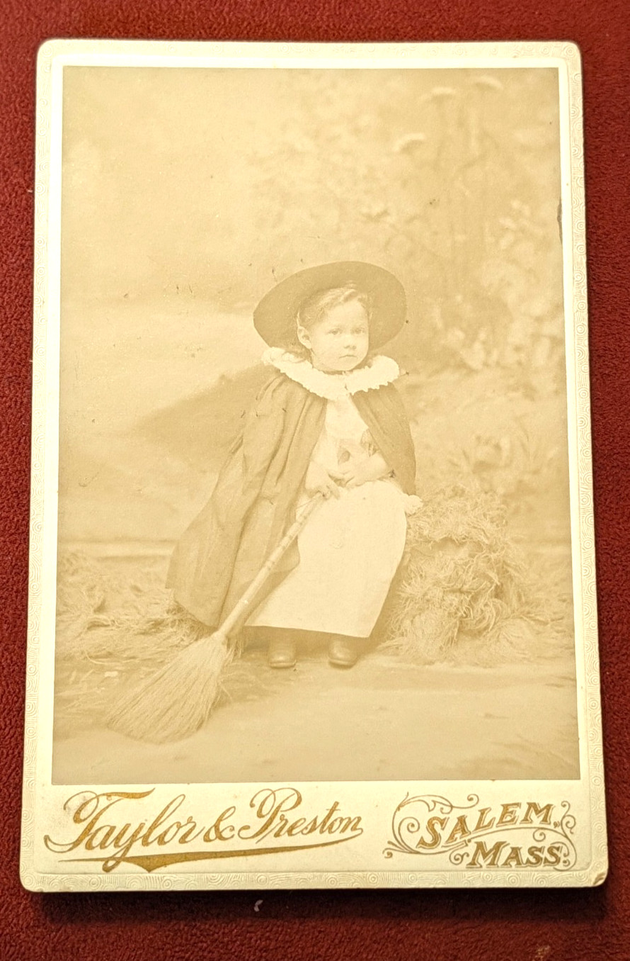 1894 Salem MA Victorian Witch-Themed Girl Broom Cabinet Card Antique Photo