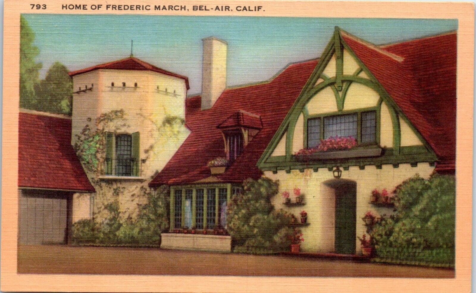 c1940s Linen Postcard Bel Air CA California Home of Frederic March