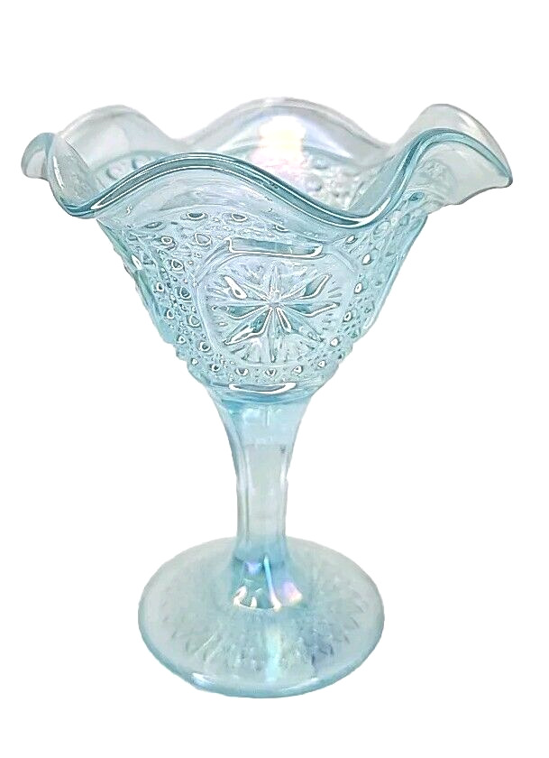 Vintage Imperial Glass Ice Blue Iridescent Starburst Pedestal Compote