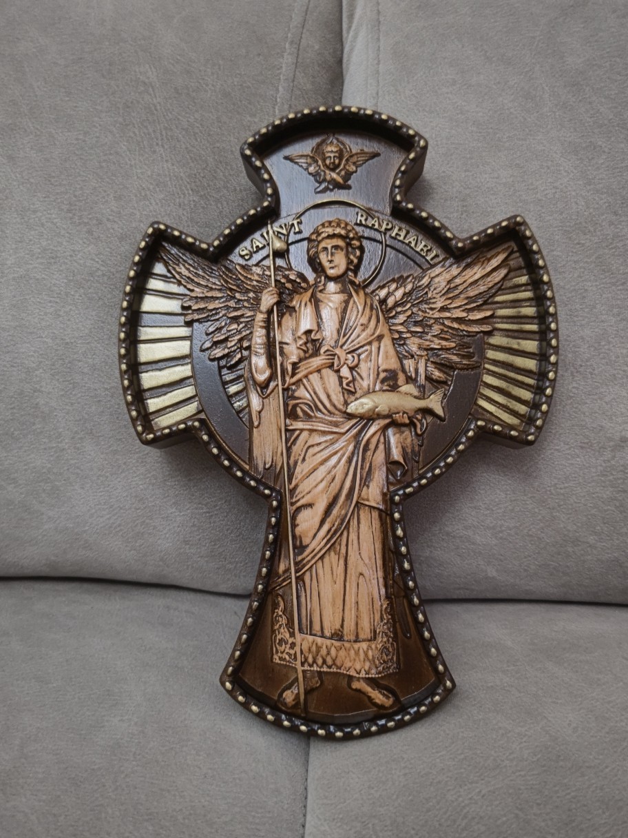 St Raphael the Archangel. Wood Carved picture, cross. gift for him, gift for mom