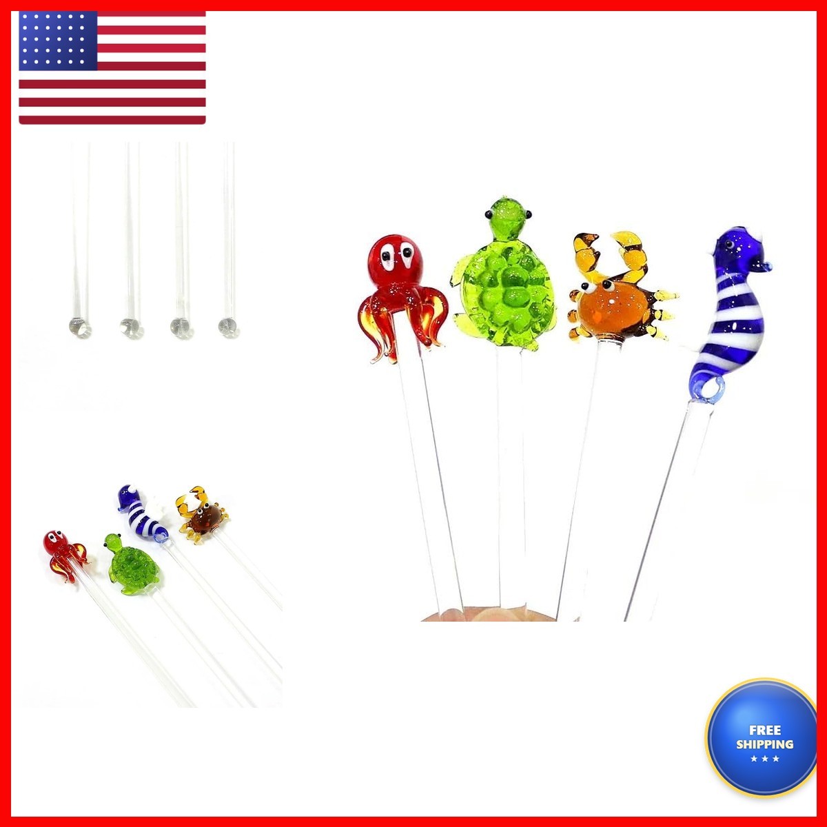 4pcs Handmade Glass Cocktail Swizzle Sticks Octopus Turtle Sea Horse Crab