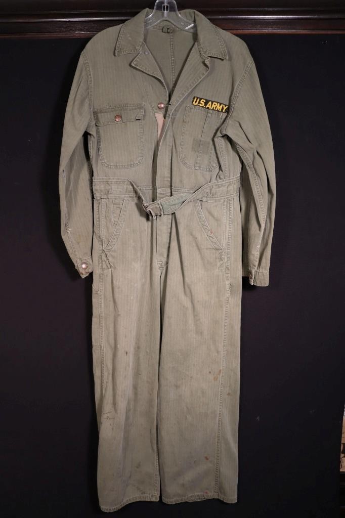 Vintage Army 1950\'s Green Herringbone Cotton Coveralls Size Medium VG Cond