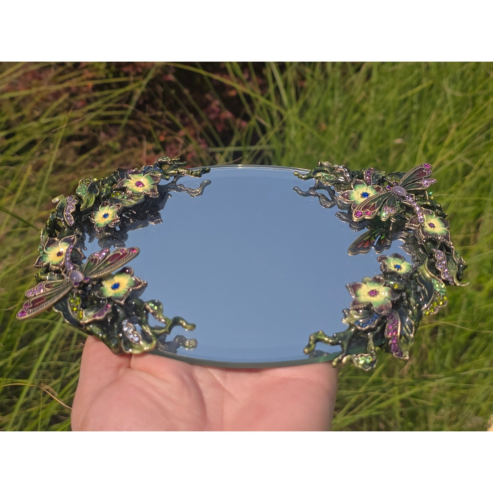 Vintage Enameled Dragonfly Floral Mirrored Vanity Tray Jay Strongwater style