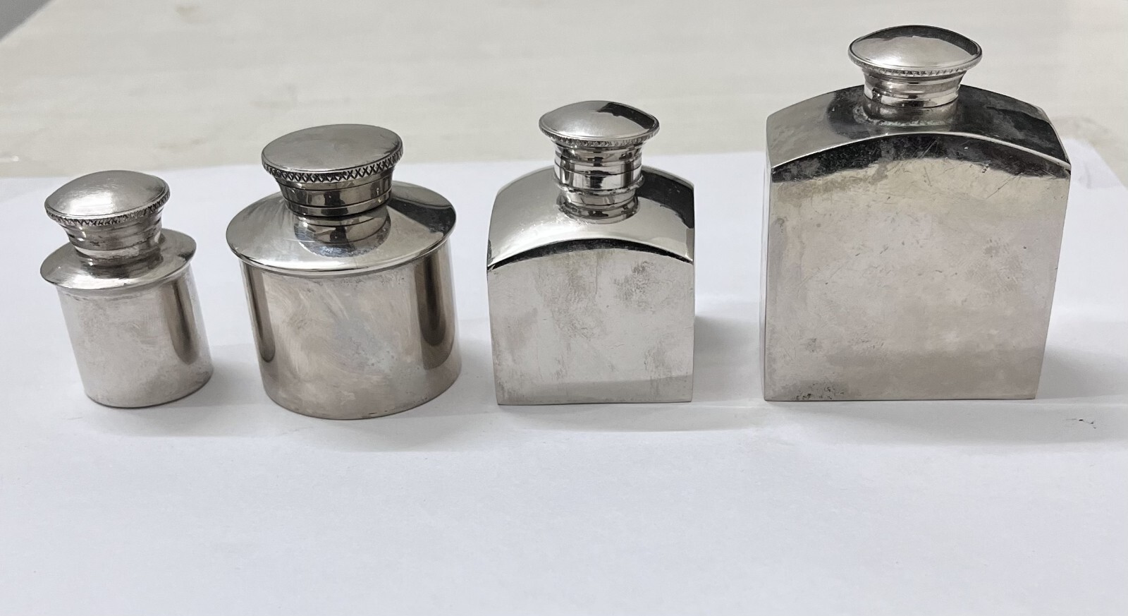 Brass, Set Of 4 Antique Look Nickel Plated Nice Shape Handcrafted Oil Cane Pots