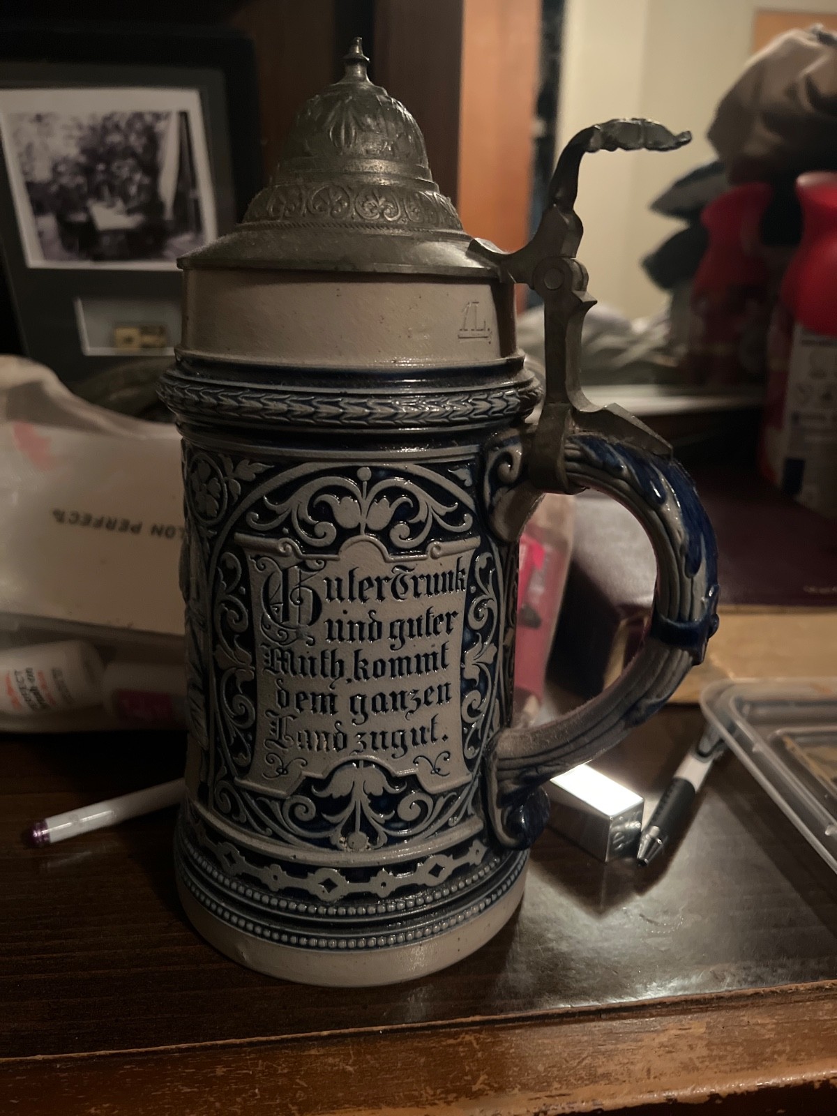 german beer stien vintage blue and cream