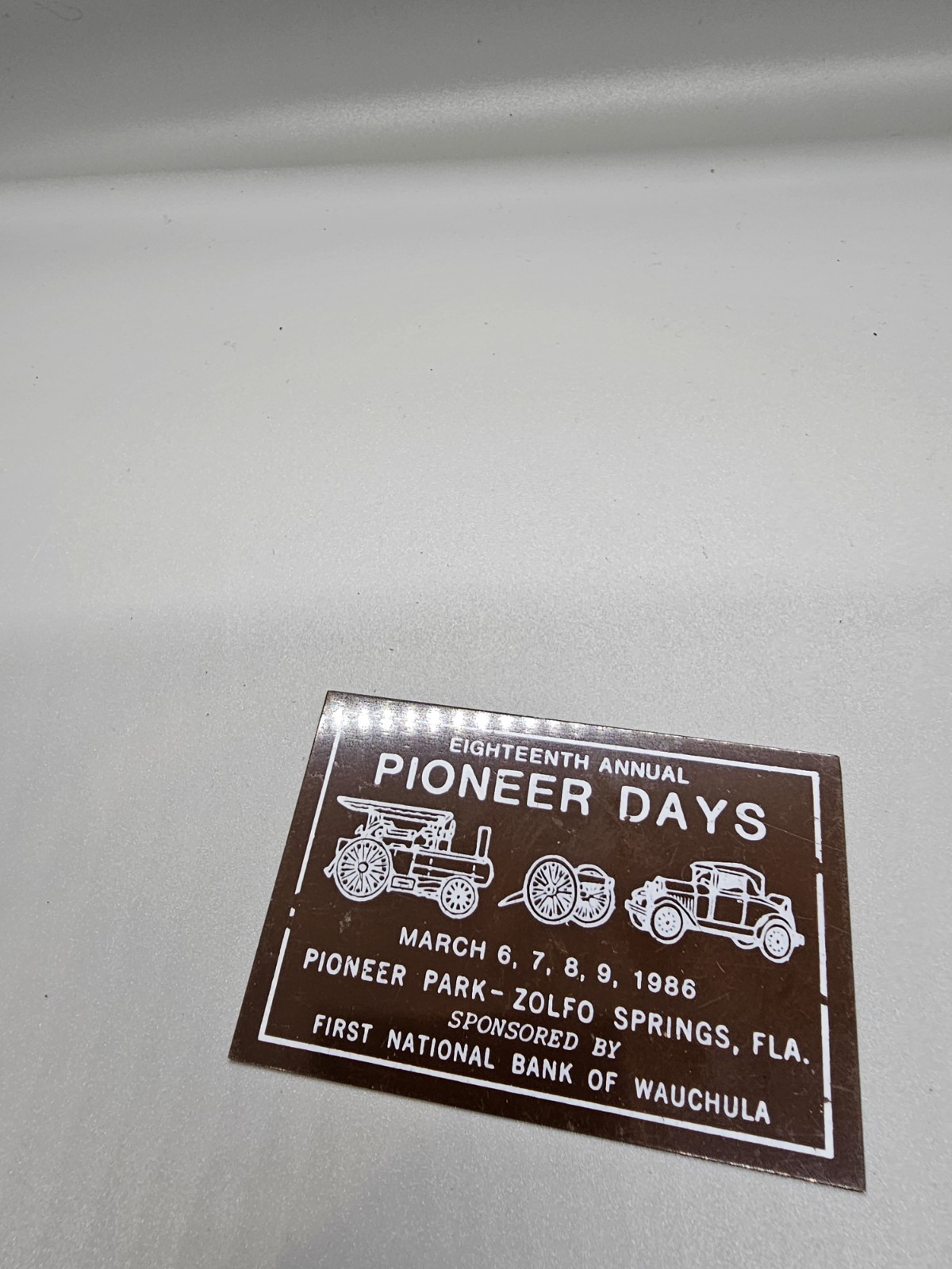 1986 Pioneer Days Zolfo Springs Florida Vintage Antique Car Tractor Dash Plaque