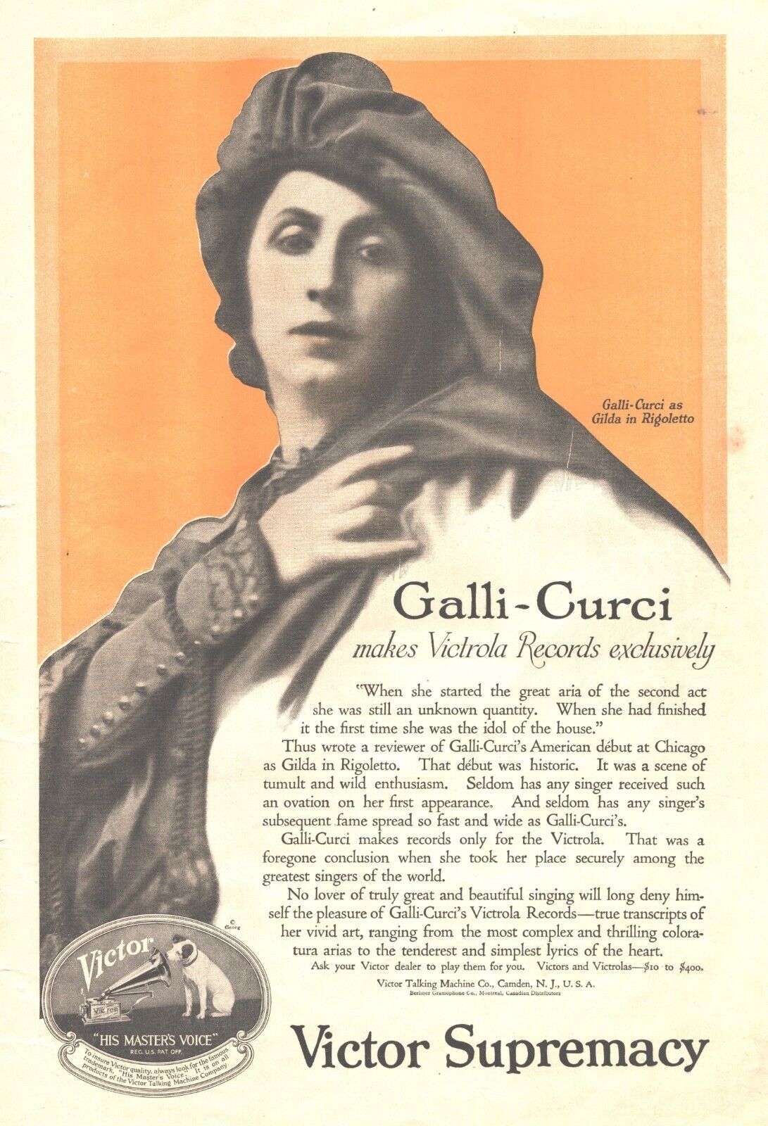 1918 Victor Records Antique Print Ad WWI Era Amelita Galli Curci Opera Star