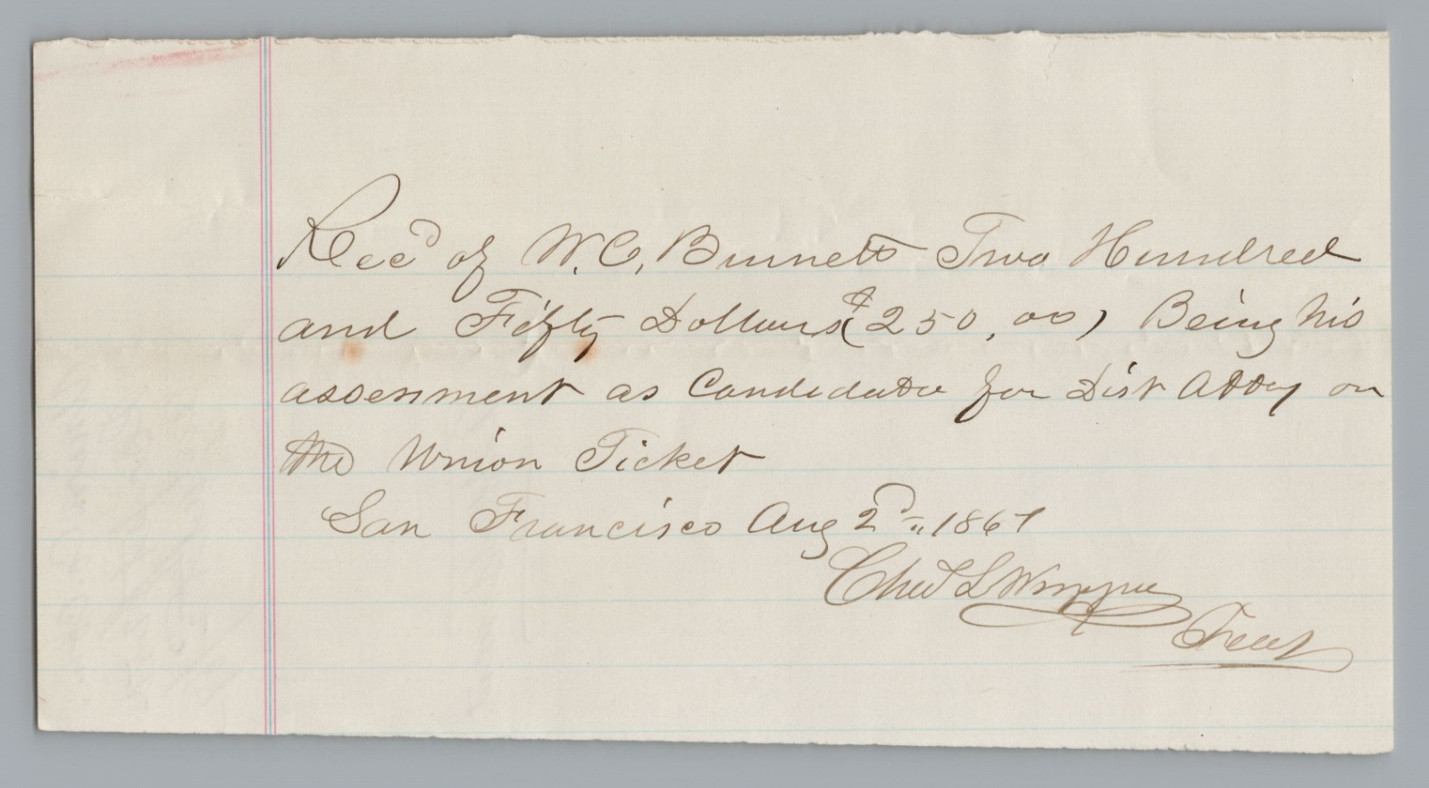 1867 San Francisco CA Union Party Campaign Assessment Receipt RARE