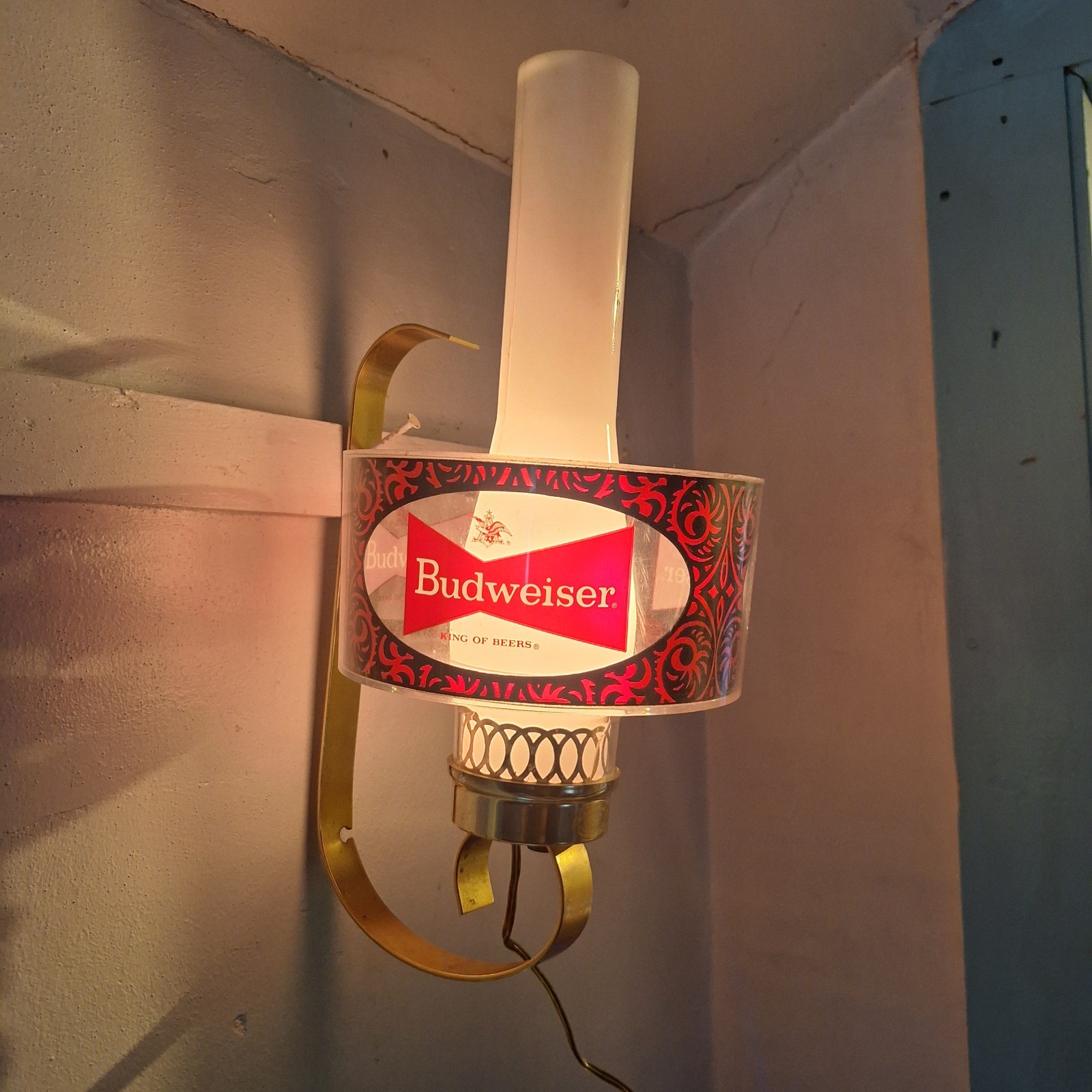 Vintage 1970s Budweiser MCM Wall Sconce Hurricane Lamp Barware Advertising Light